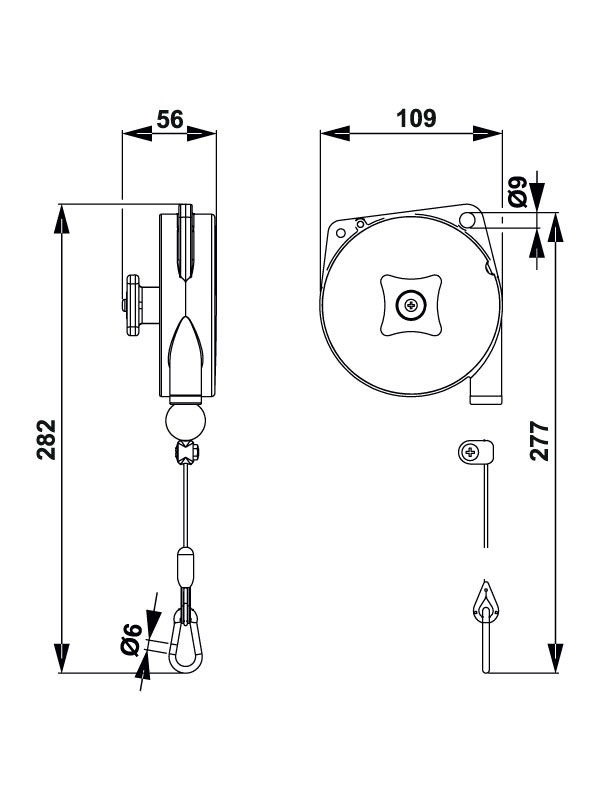 TECNA 9310NY-9311NY-9312NY-9313NY Nylon Rope Retractor Balancer Dimensions | Weld Systems Integrators