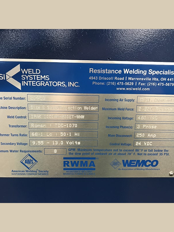 WSI Size 2 Spot / Projection Welder - 20628 | Image 02 | Weld Systems Integrators